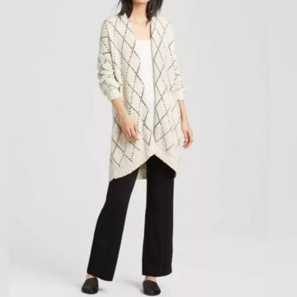 Eileen Fisher Cream Open-Front Diamond Knit Cardigan